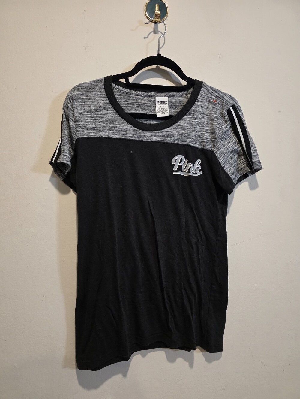 PINK Victoria's Secret Black and Heather Gray Colorblock Short Sleeve Tee